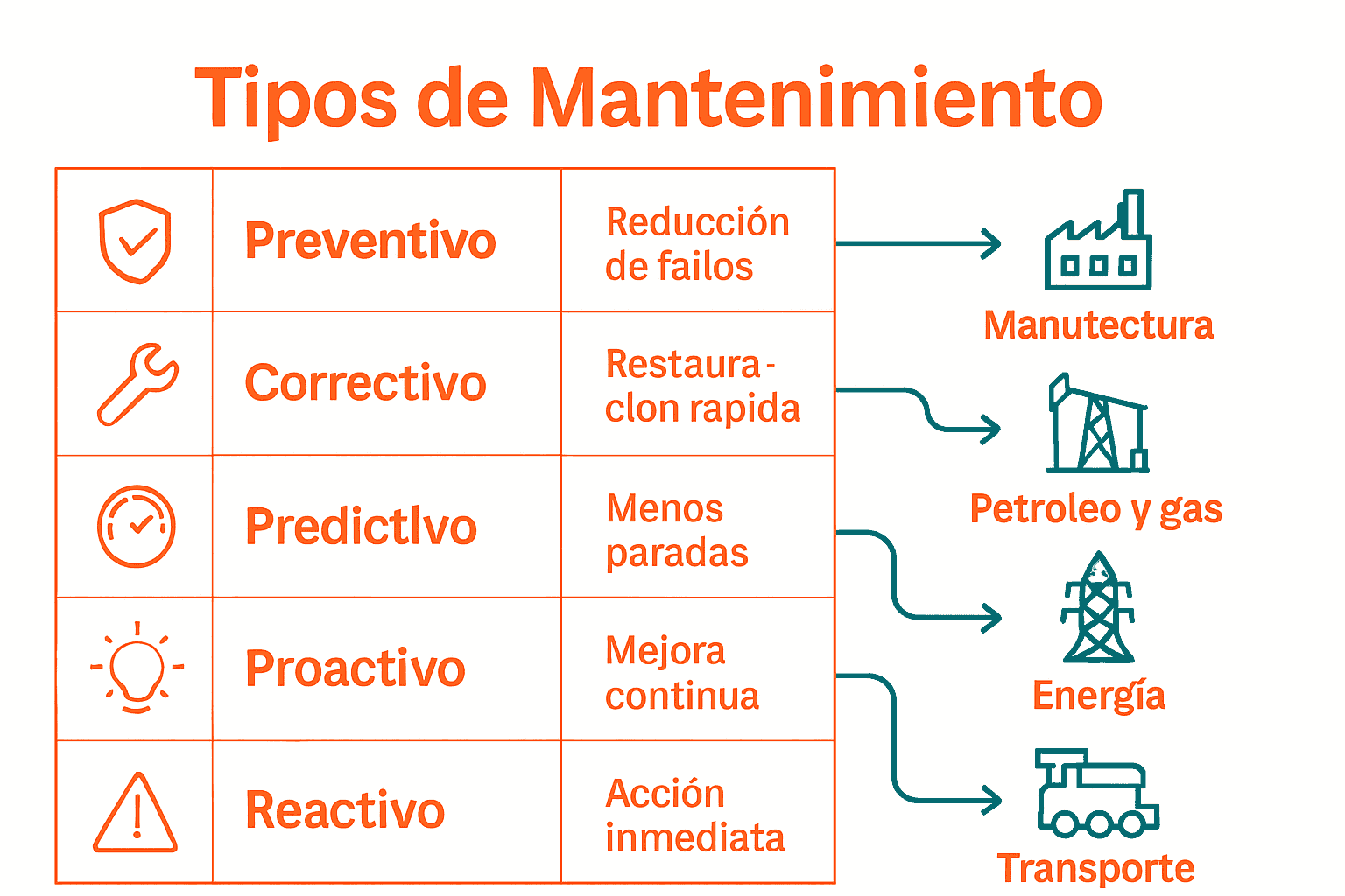Comparación visual de tipos de mantenimiento industrial y aplicaciones.