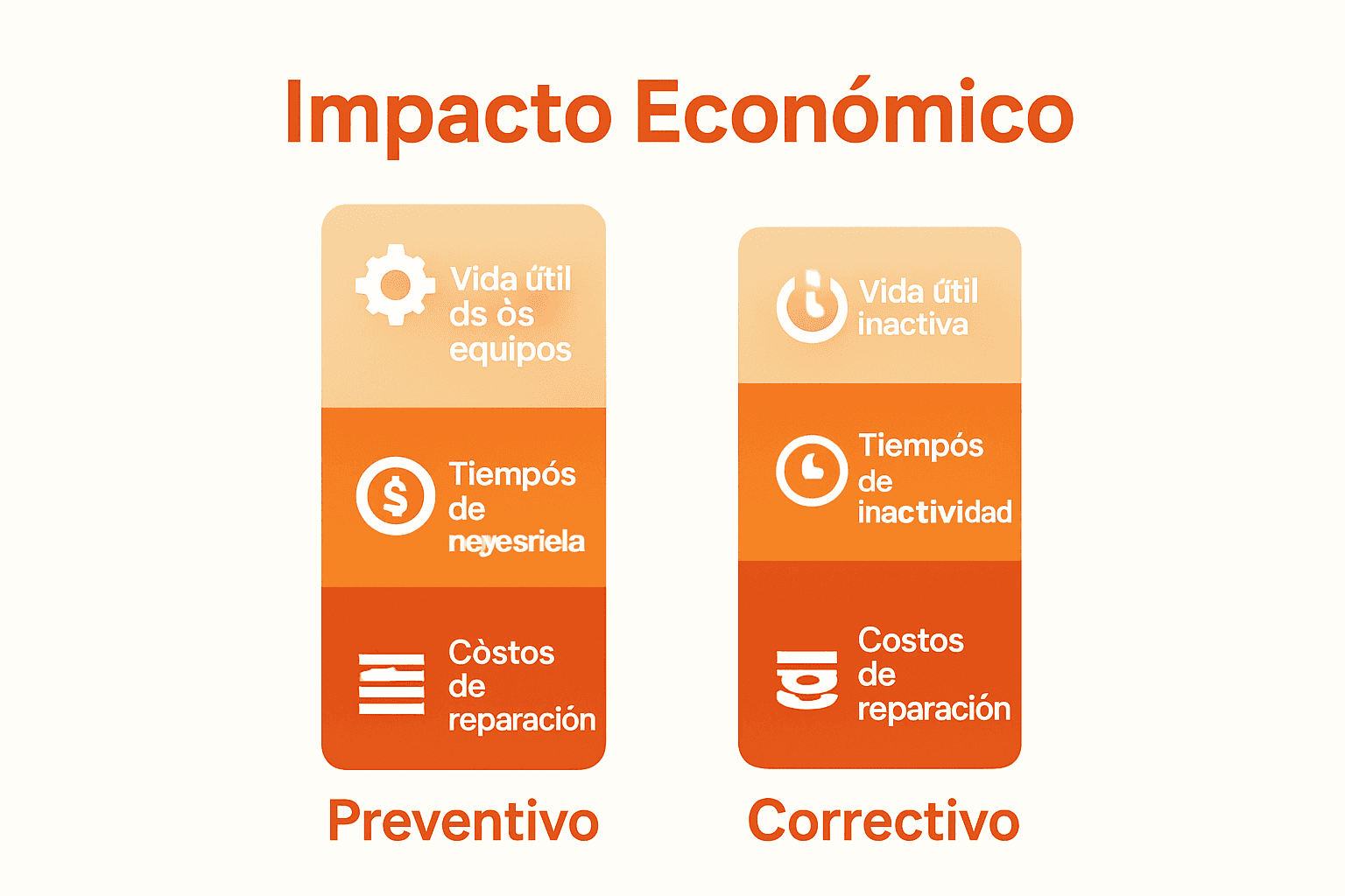 Infografía comparando costos y resultados entre mantenimiento preventivo y correctivo.