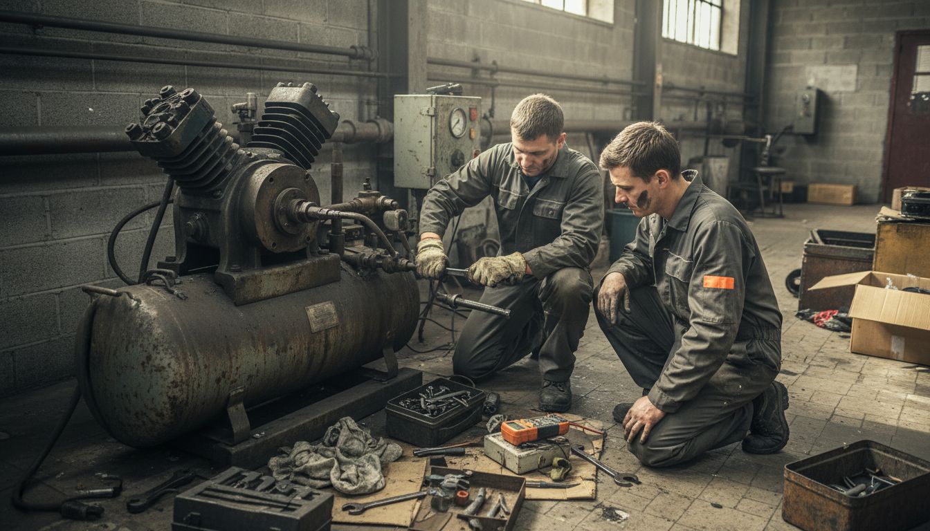 Engineers servicing industrial compressor equipment