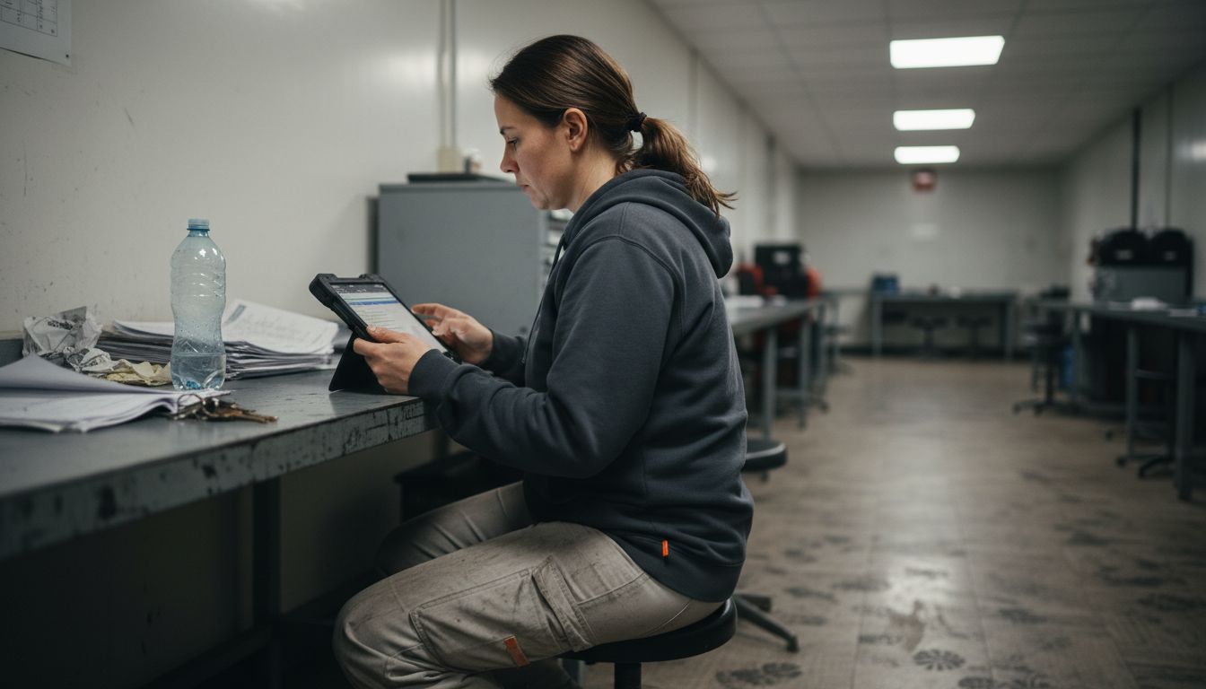 Worker reviews maintenance report on tablet