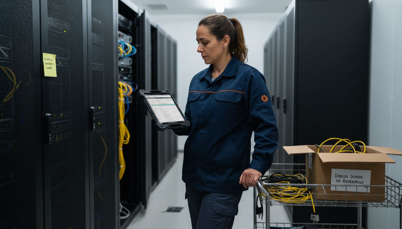 El administrador revisa el servidor durante las tareas de mantenimiento.