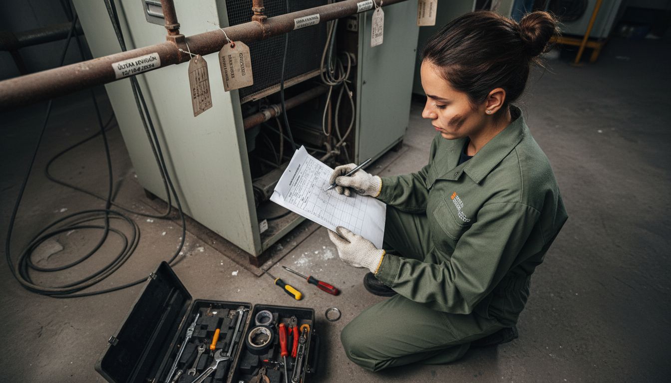 Técnico revisando las tareas de mantenimiento junto a la unidad de climatización