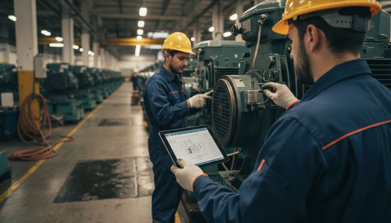Especialistas realizan la instalación de sensores en motores industriales.