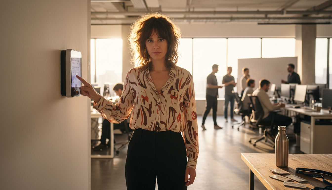 Mujer registrando su entrada con un reloj biométrico
