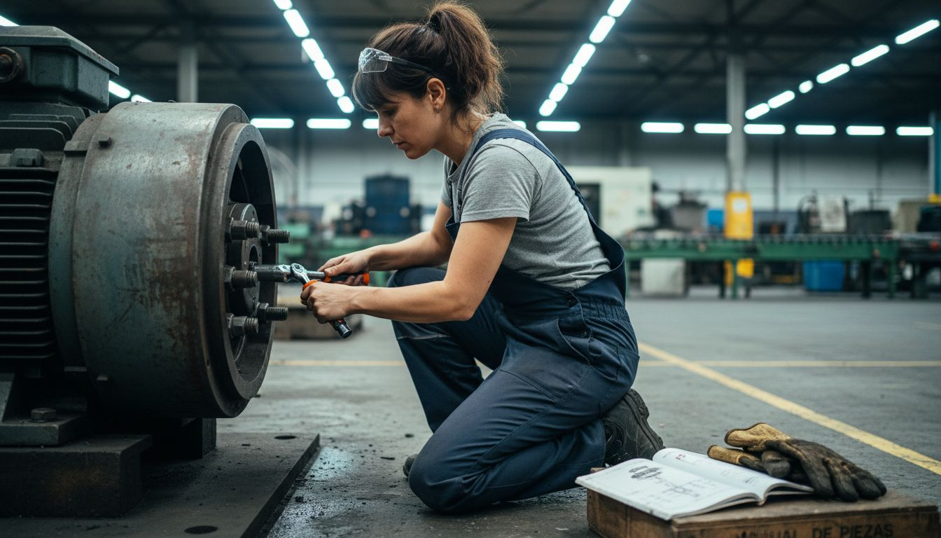 Un técnico realiza labores de mantenimiento en un motor industrial dentro de la planta de producción.