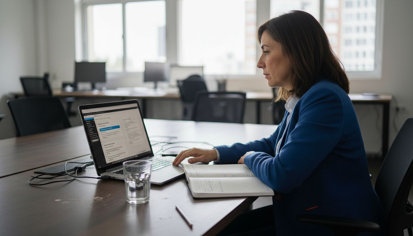 Una mujer consulta diferentes plataformas digitales mientras está sentada en una mesa.