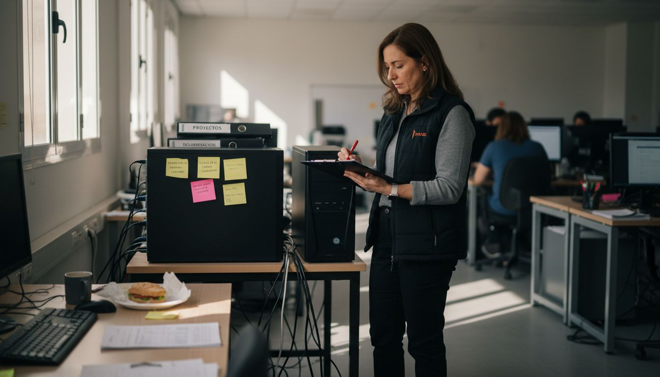 El encargado revisa la lista de verificación para el mantenimiento de los equipos informáticos.