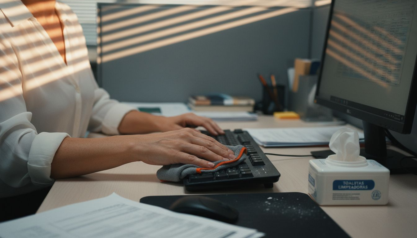 Una empleada de oficina limpia cuidadosamente el teclado de su ordenador en el escritorio.