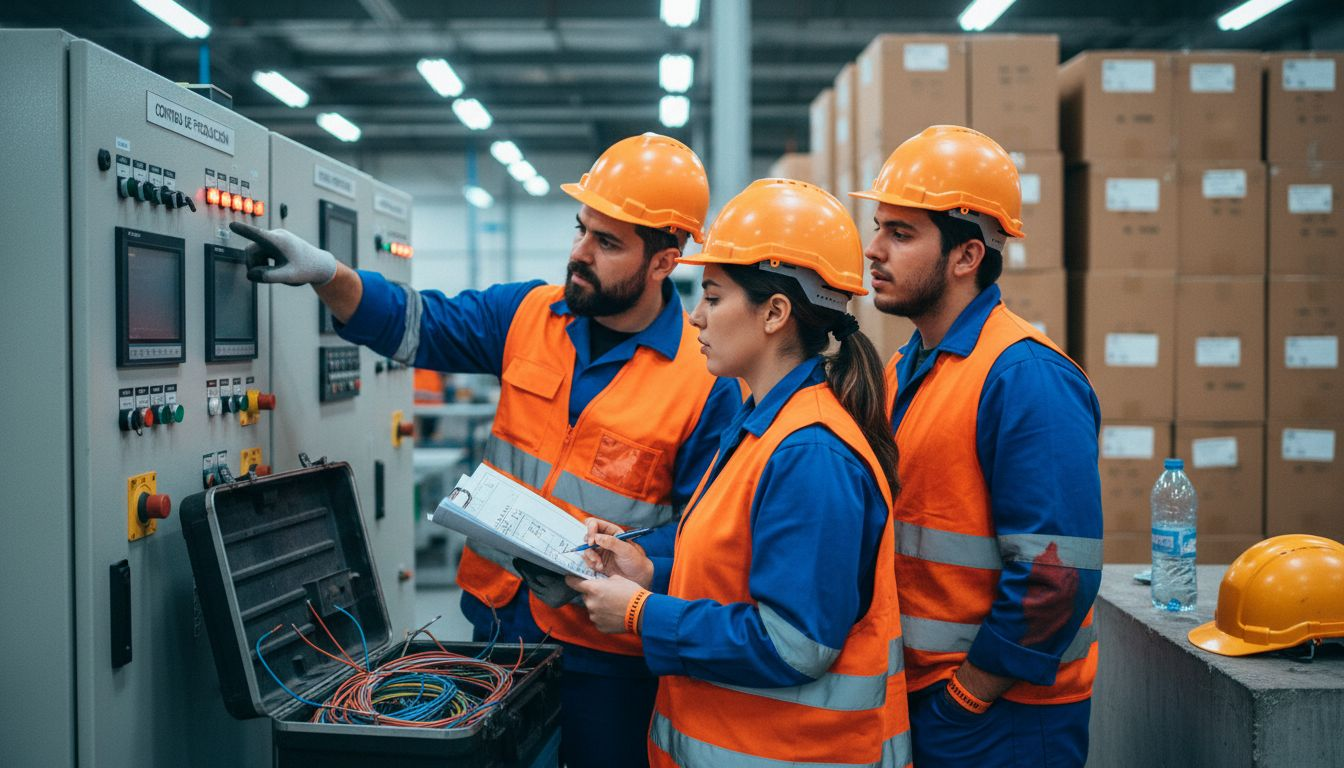 El equipo de ingeniería revisa y soluciona problemas en la línea de producción de la fábrica.