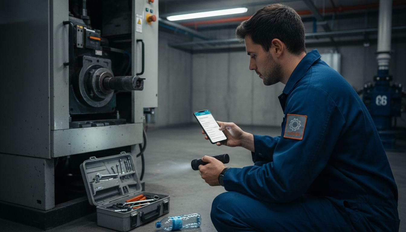 Especialista registrando las tareas de mantenimiento realizadas en una máquina industrial.