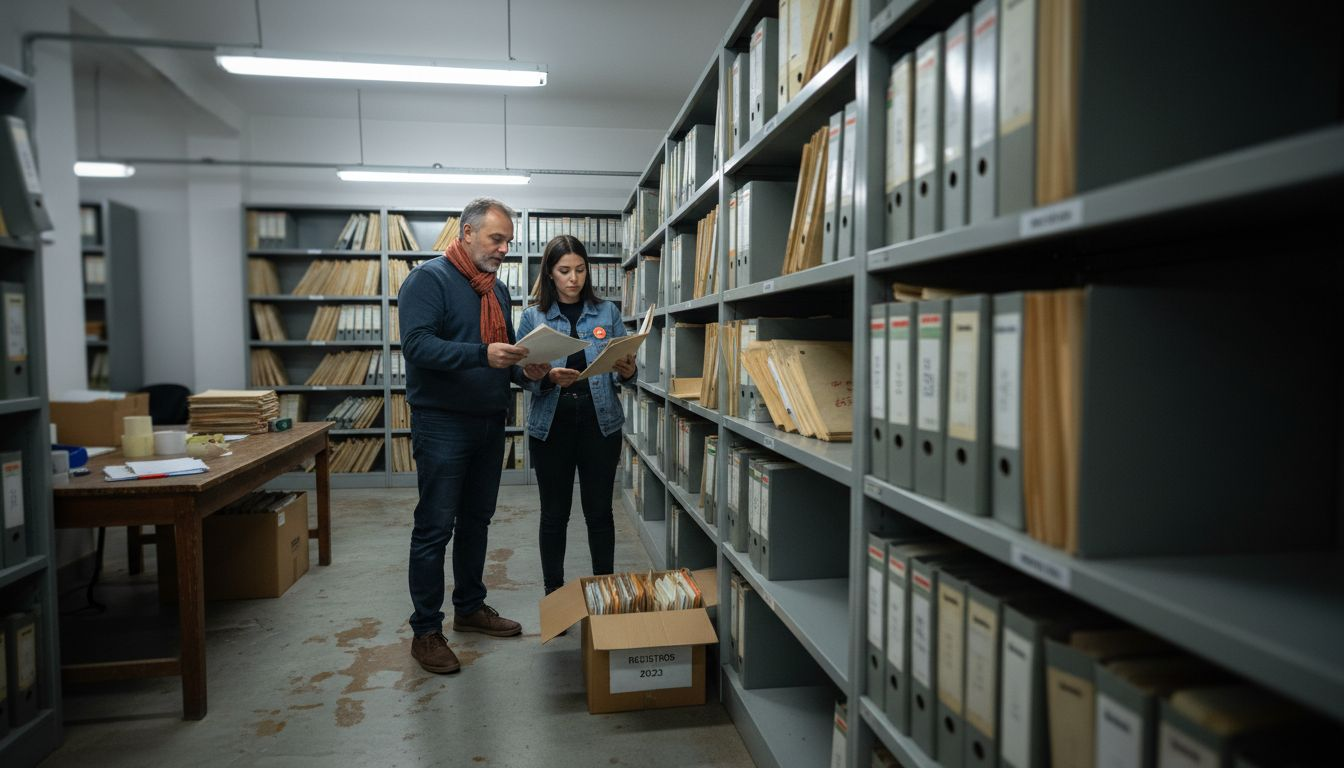 Personal de la oficina revisando documentos en papel