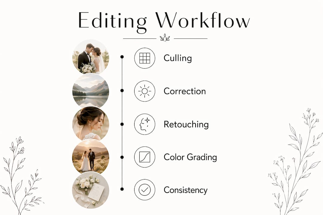 Infographic illustrating wedding photo editing workflow steps
