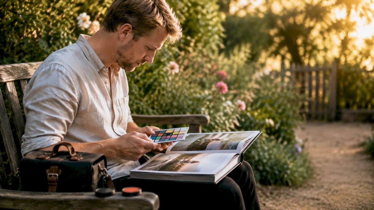 Photographer reviewing wedding gallery outdoors on patio