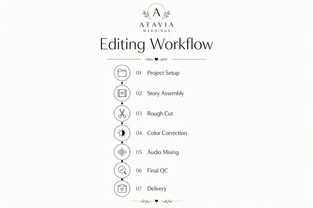 Infographic showing steps in wedding film editing workflow