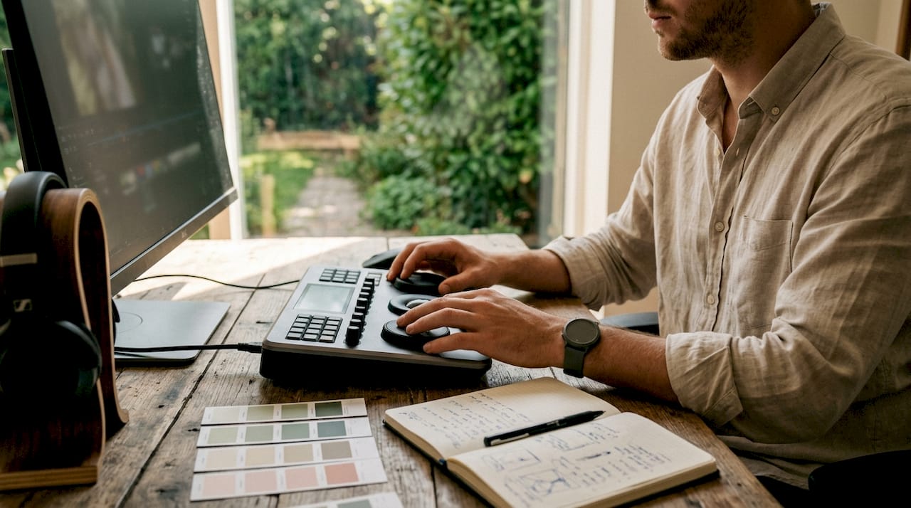 Colorist adjusting controls in editing suite