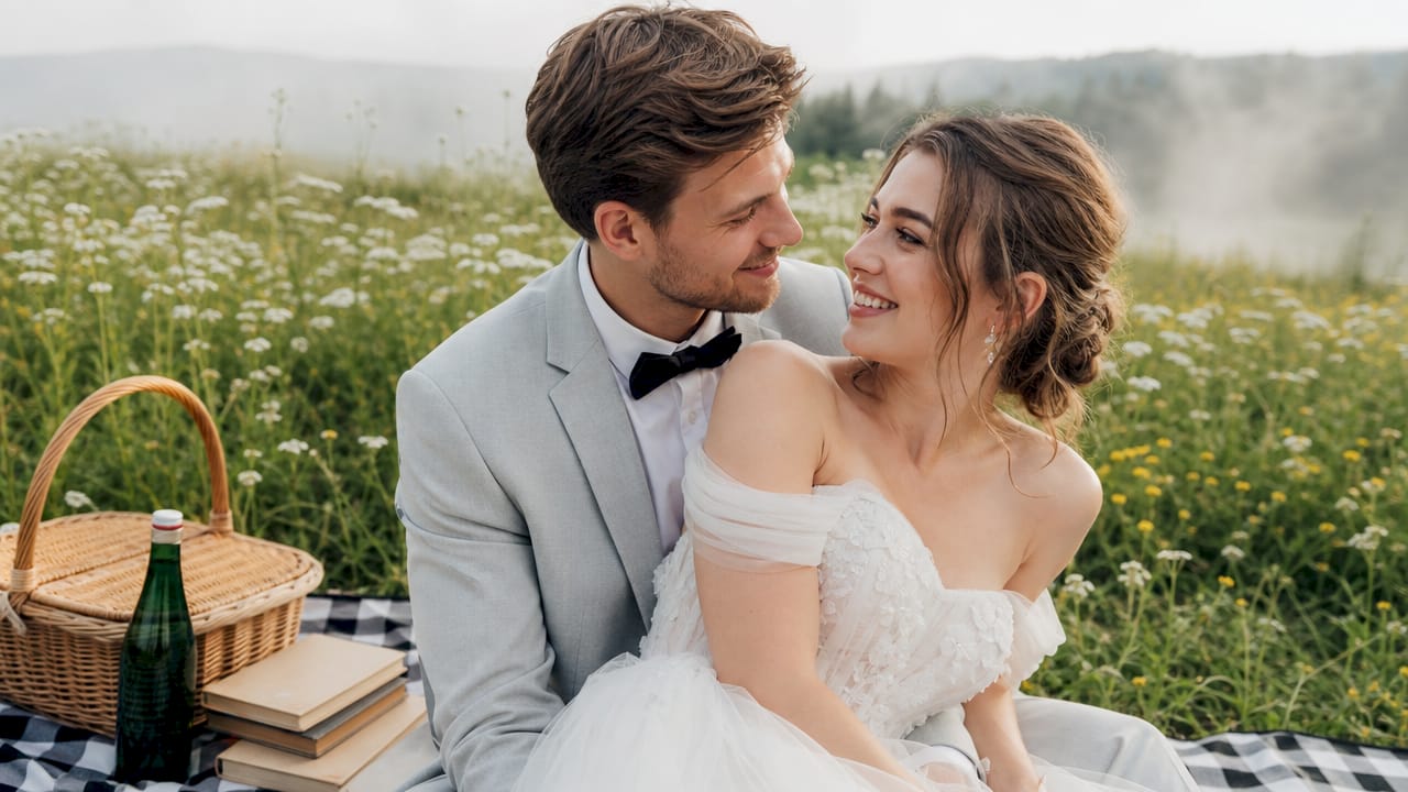 Bride and groom warm sunset portrait outdoors
