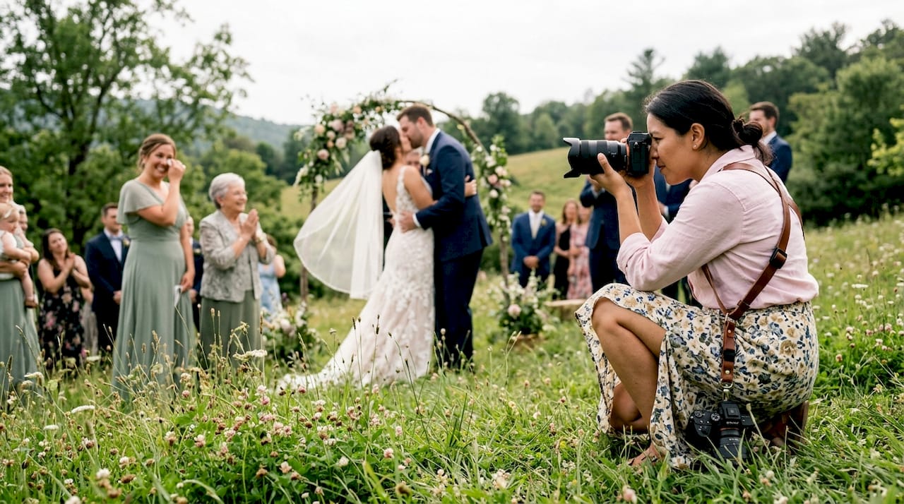Photographer capturing groom's emotional vows moment
