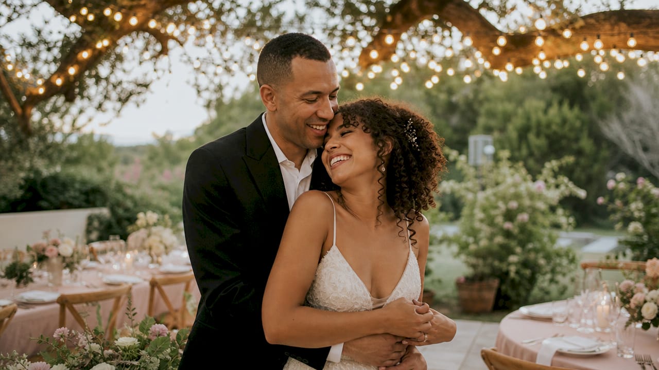 Bride and groom sharing natural emotional laugh indoors