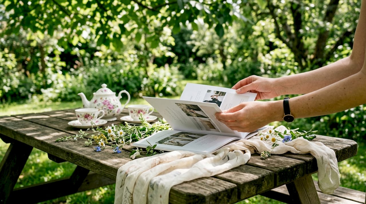 Hands reviewing wedding highlight style guide on desk