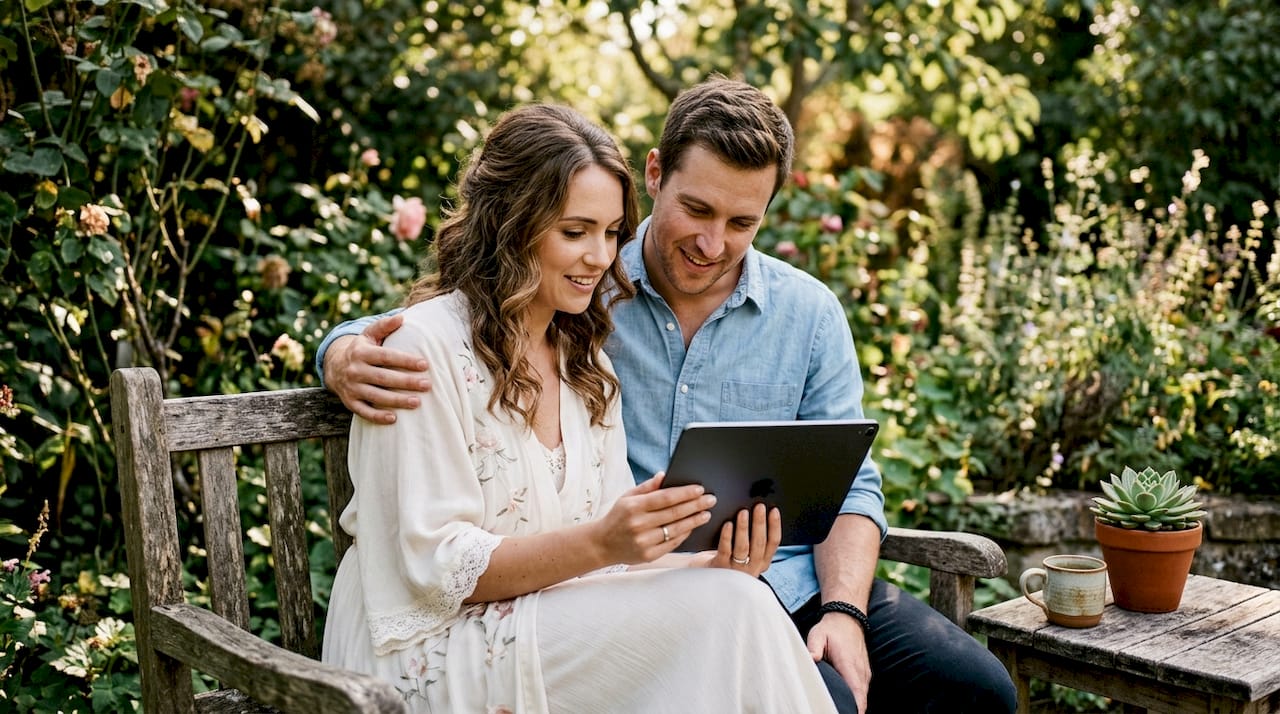 Couple reviewing wedding photo narrative on laptop