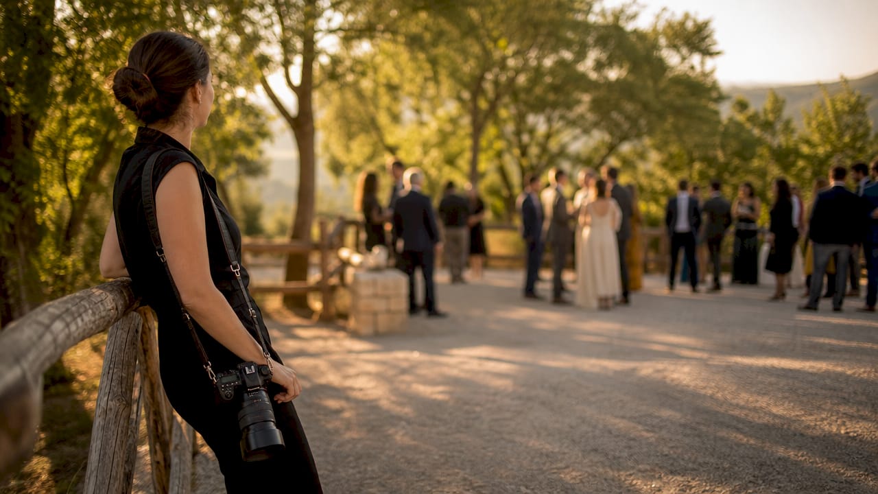 Photographer observing candid wedding guests