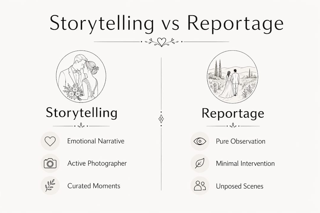 Infographic comparing storytelling and reportage wedding photography