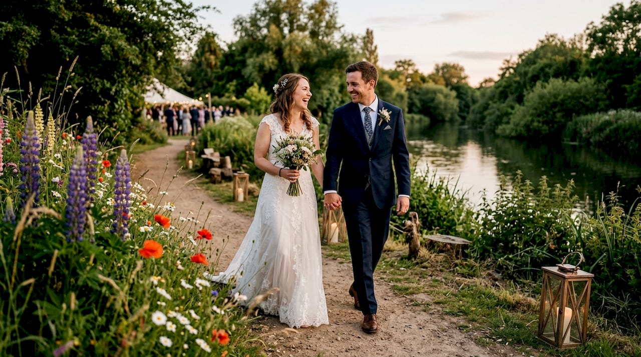 Couple walking in garden at wedding