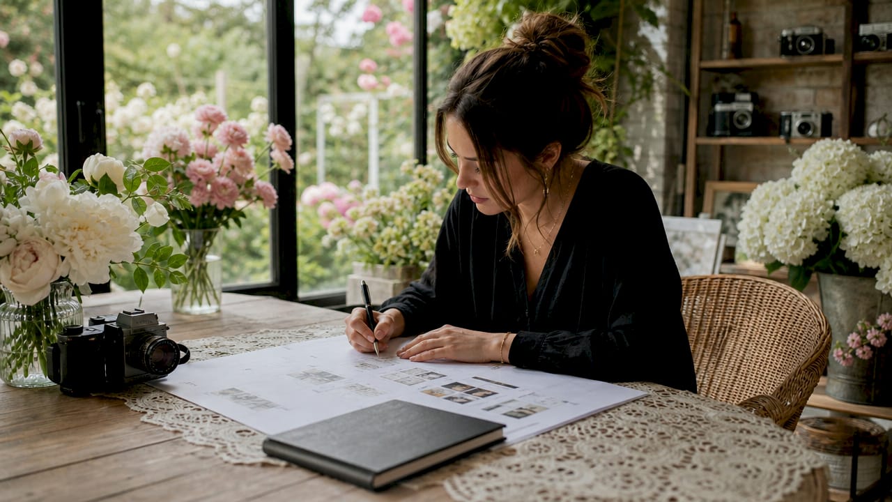 Wedding photographer reviewing schedule at table
