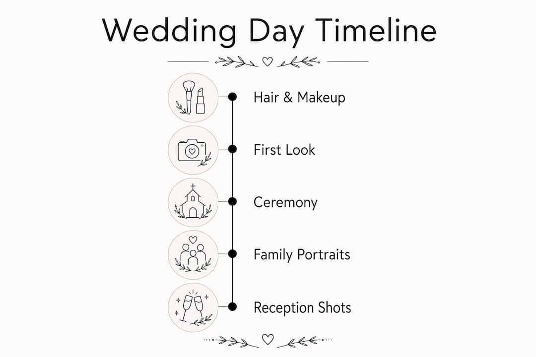 Infographic illustrating wedding day timeline steps