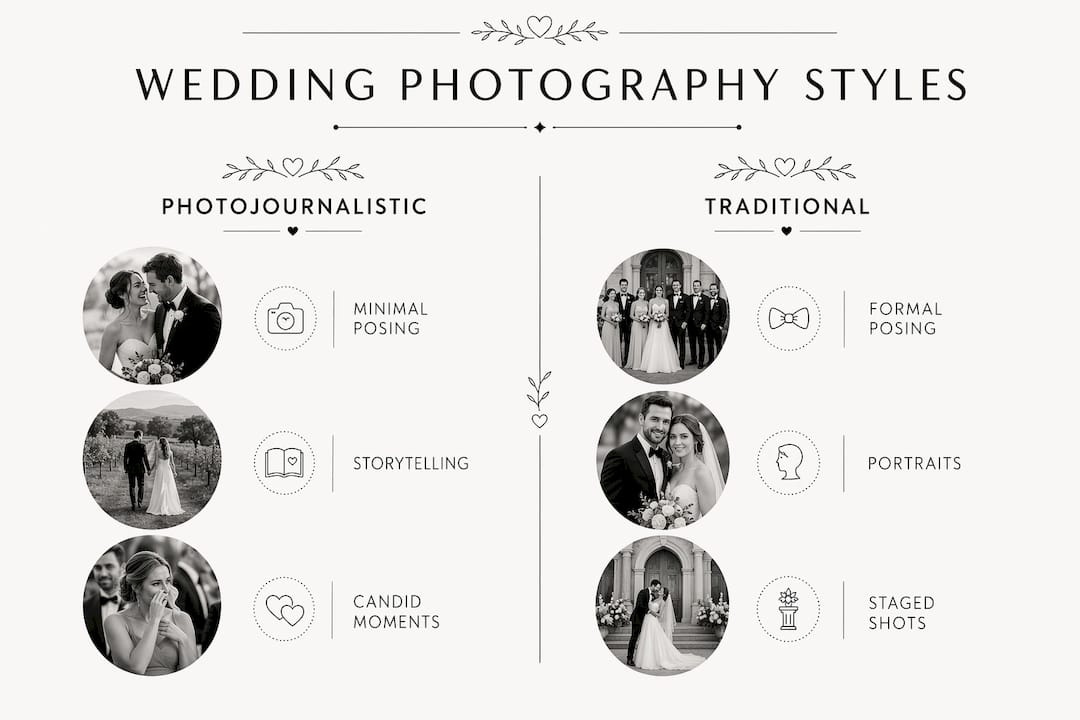Infographic comparing photojournalistic vs traditional wedding photography