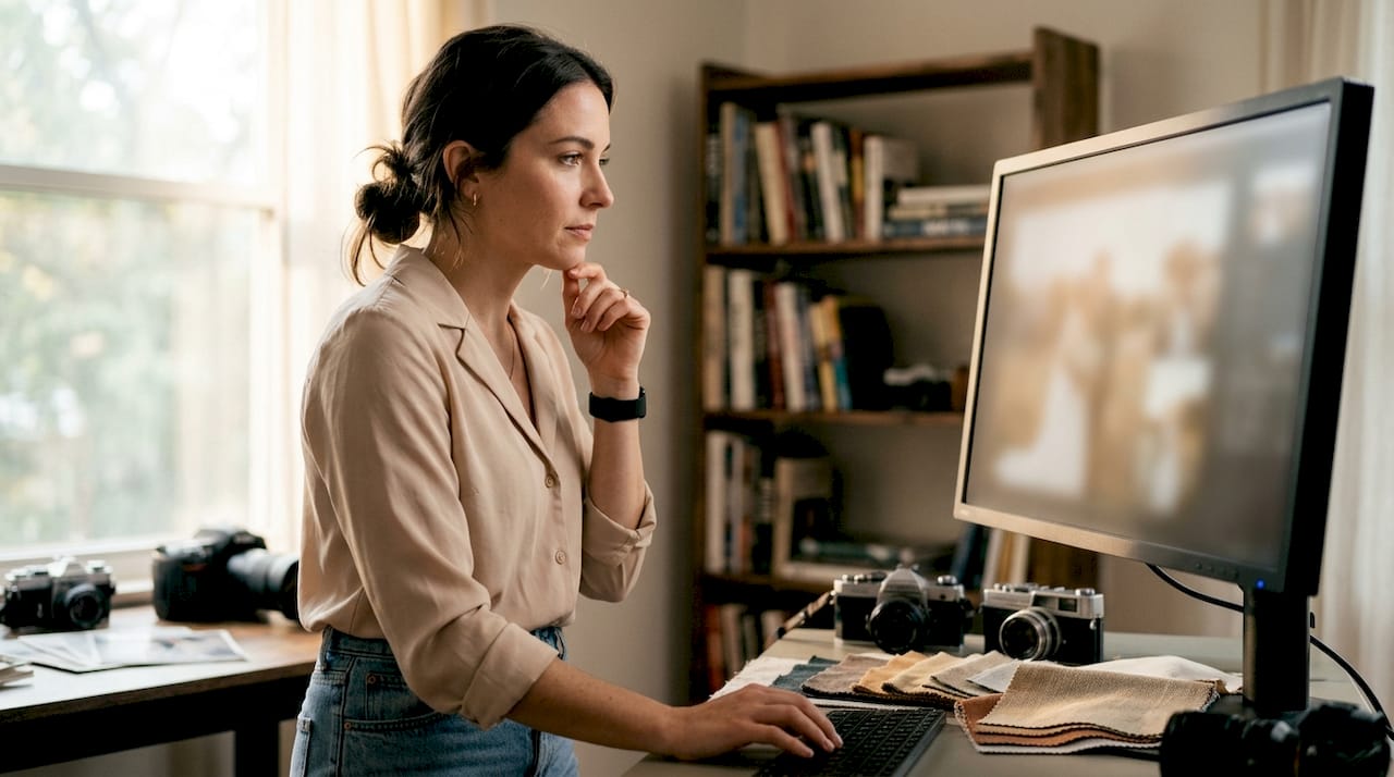 Photographer editing wedding photos in home studio