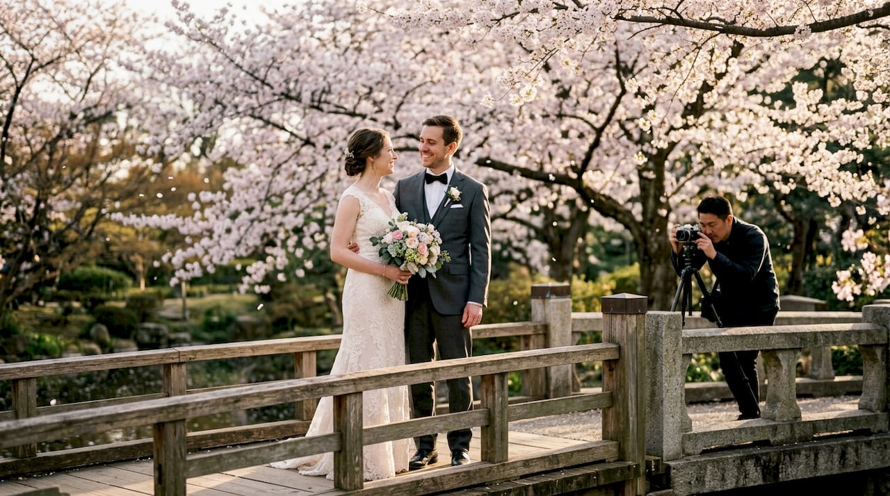 Newlywed couple outdoor photoshoot in park