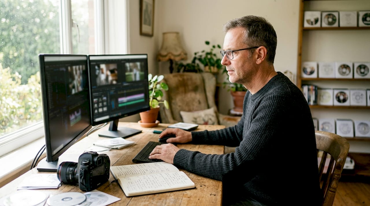 Man editing cinematic wedding film at home