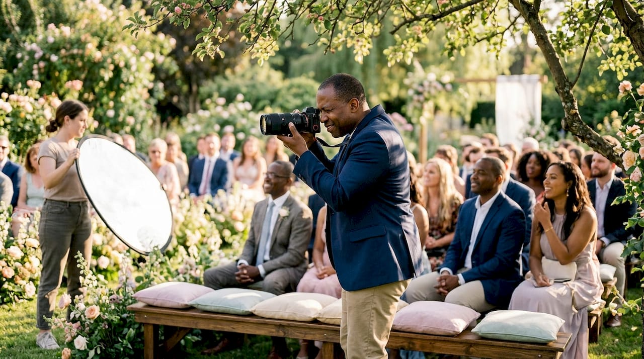 Photographer capturing candid emotion during wedding ceremony