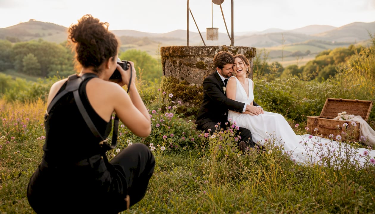 Photographer capturing candid wedding couple outdoors