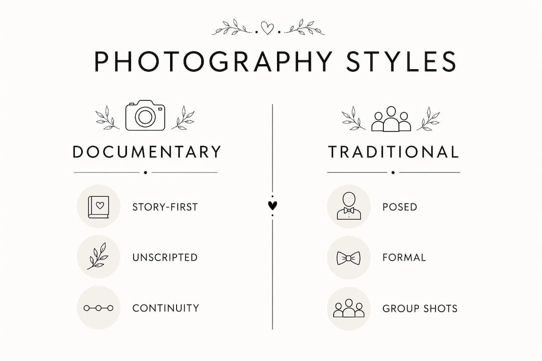 Comparative infographic of documentary vs traditional wedding photography