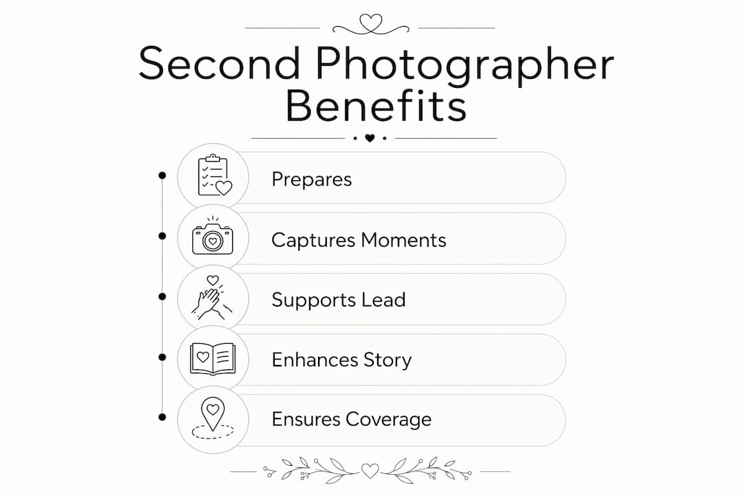 Infographic showing five key benefits of second wedding photographer