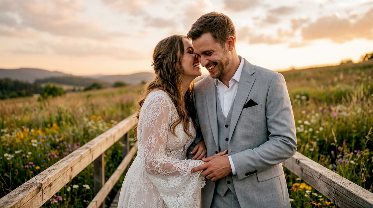 Couple embracing in warm golden hour light