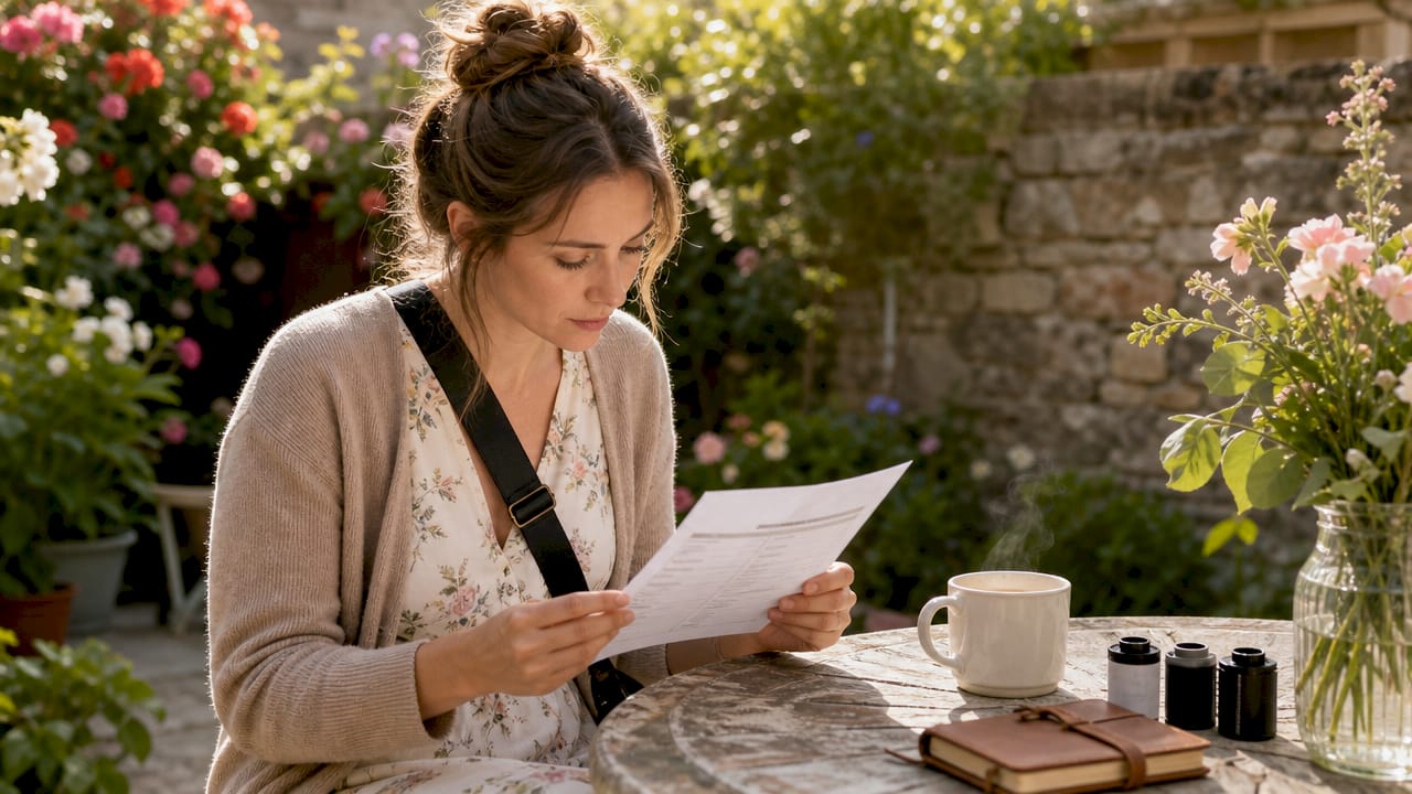 Wedding photographer reviewing timeline outdoors