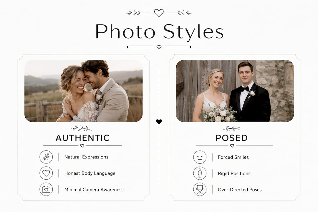 Infographic comparing authentic and posed wedding photos