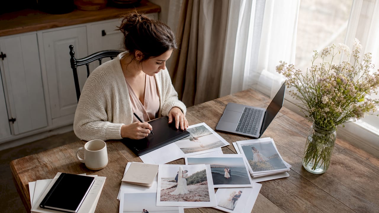 Wedding photo editor working at home office desk