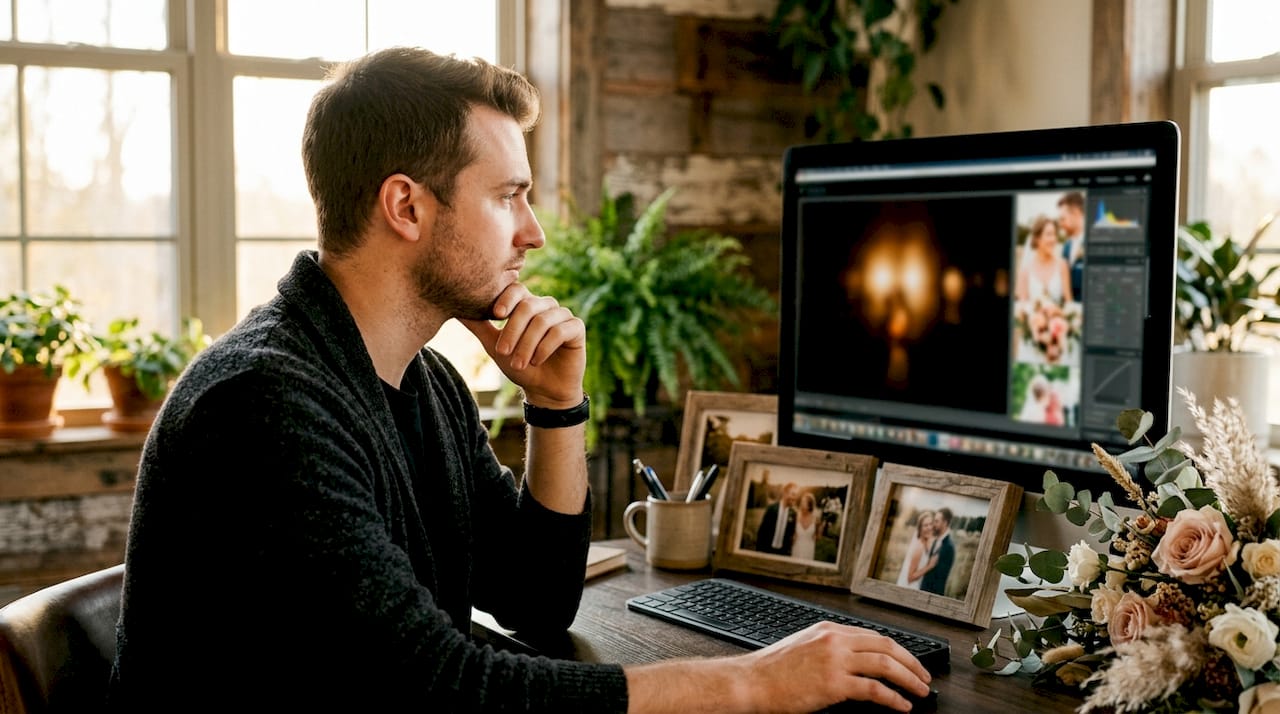Photo editor performing color correction in studio