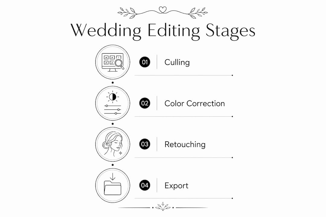 Infographic showing stages of wedding photo editing process