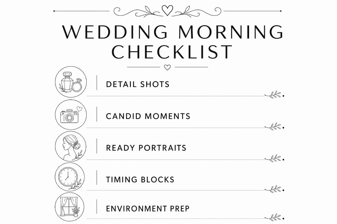Infographic outlining wedding morning photography checklist stages