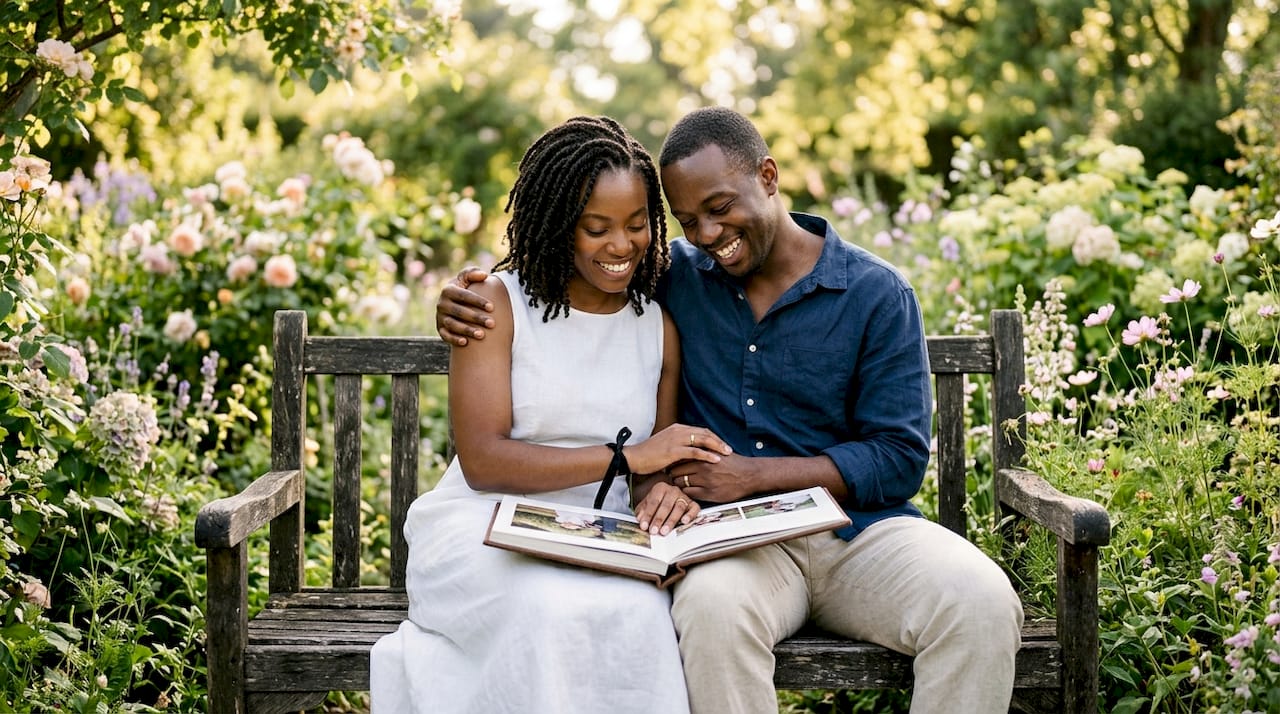 Couple reviewing wedding photo narrative