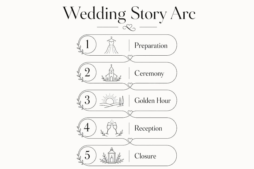 Infographic depicting wedding photography story arc stages in vertical flow