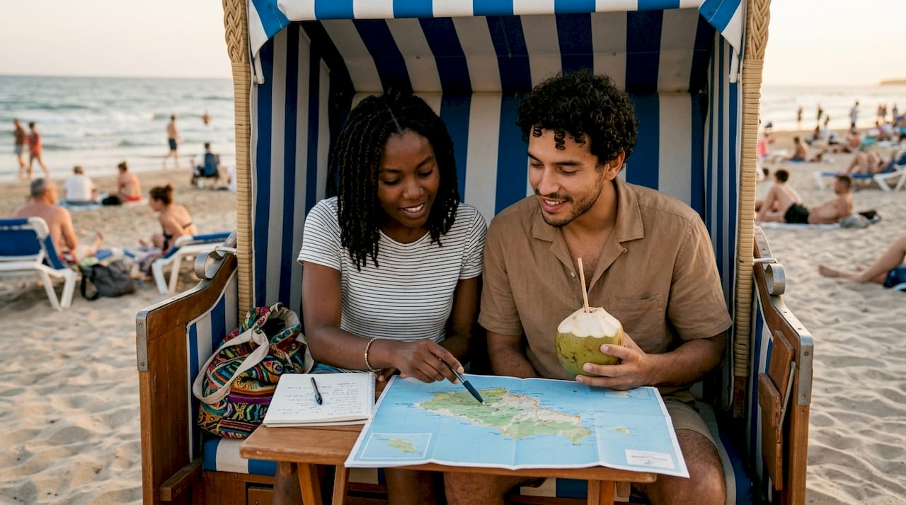 Bei einem Cappuccino im Strandcafé schmiedet das Paar Pläne für eine aufregende Safari und entspannte Tage am Meer.