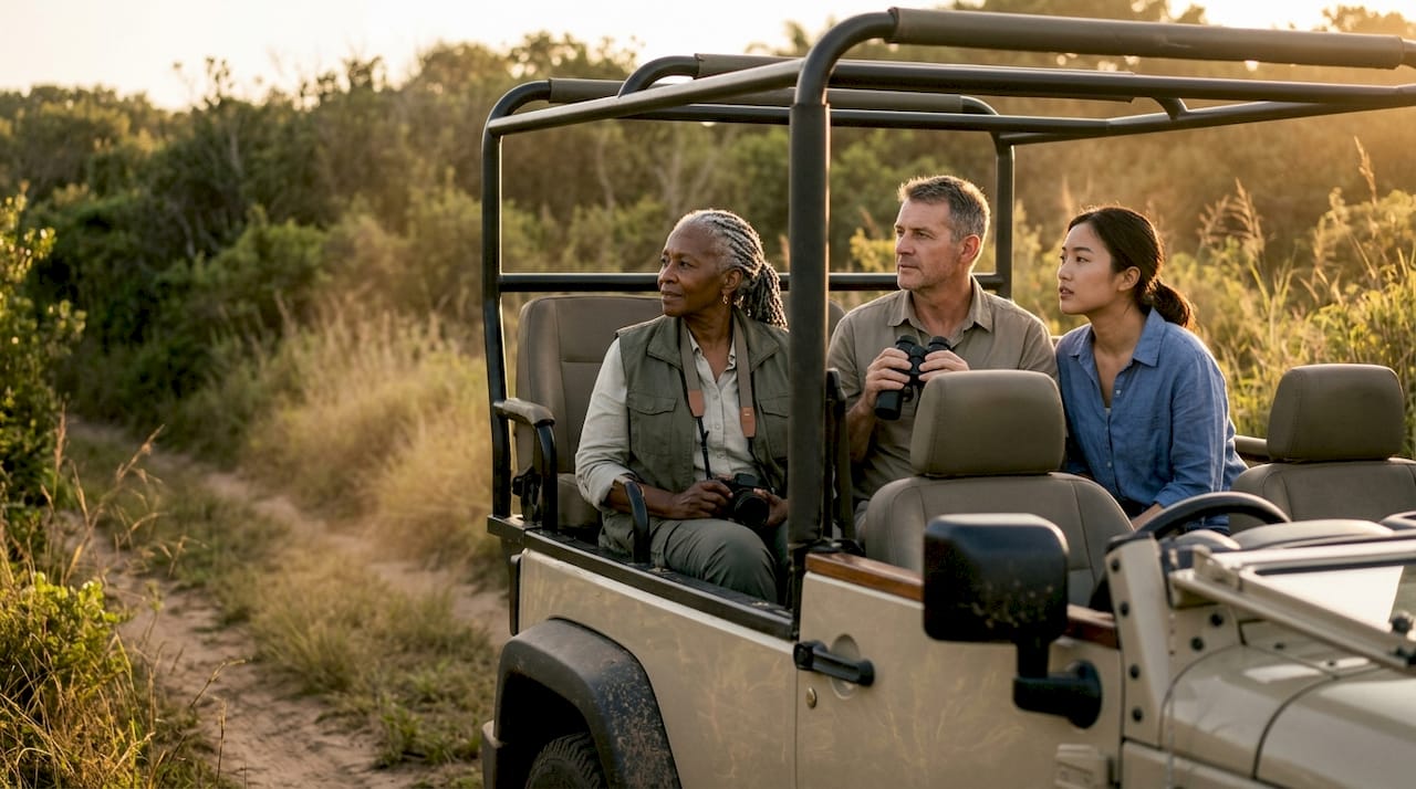 Mit einem offenen Jeep erkunden Touristen die Wildnis und beobachten dabei Tiere in ihrem natürlichen Lebensraum.