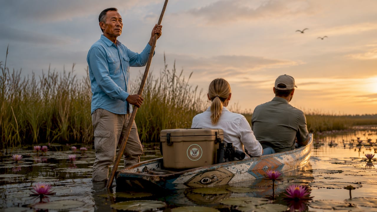 Wetland safari guide poling mokoro canoe