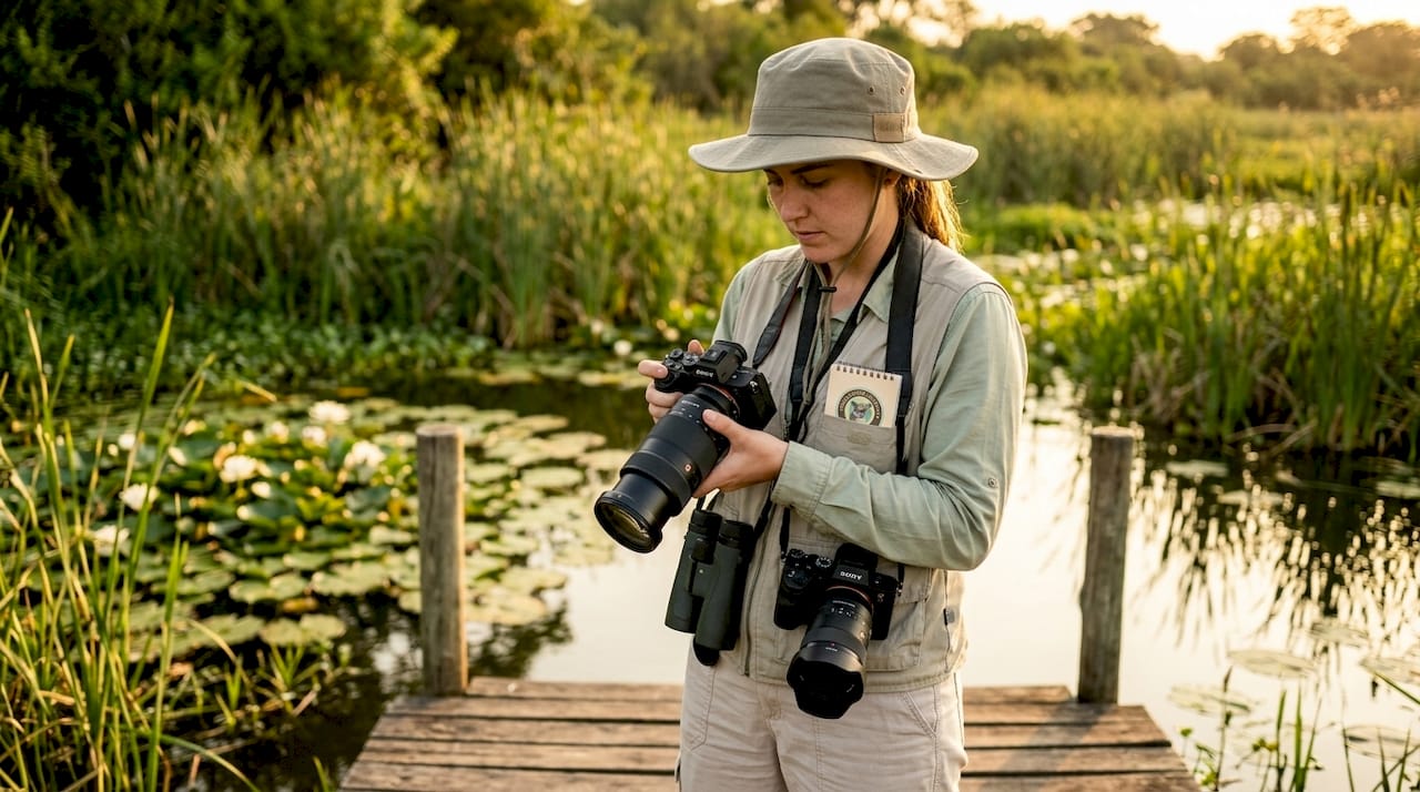 Female photographer adjusting cameras in open safari vehicle